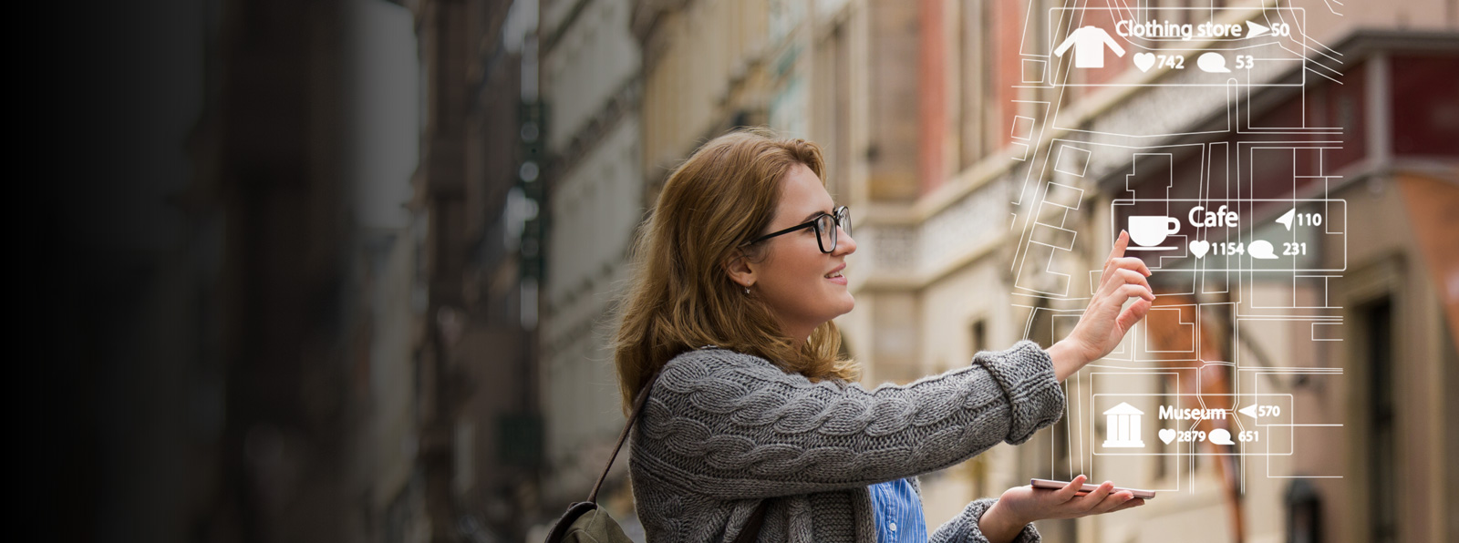 A women uses Augmented Reality to find a cafe