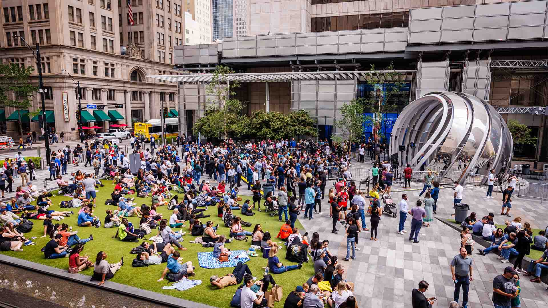 Crowd gathers in anticipation of the solar eclipse in AT&T Discovery District.