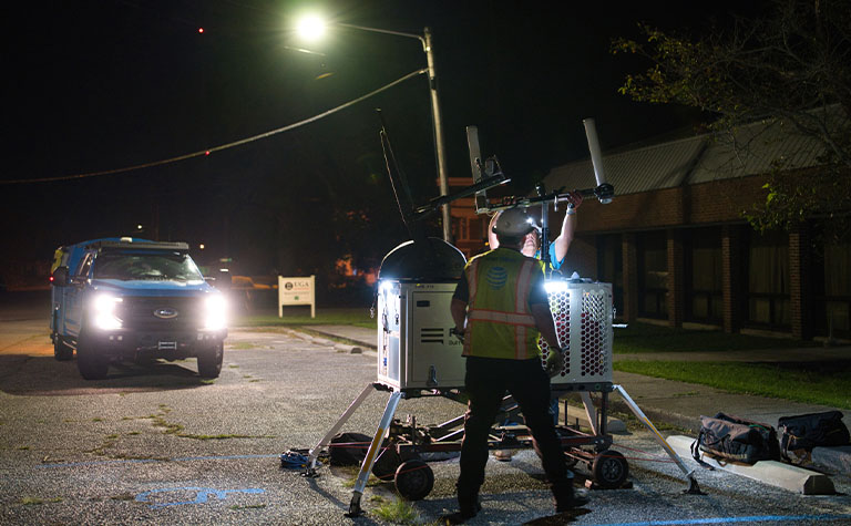 AT&T disaster response team members set up FirstNet Compact Rapid Deployable (CRD) in Wheeler County, GA
