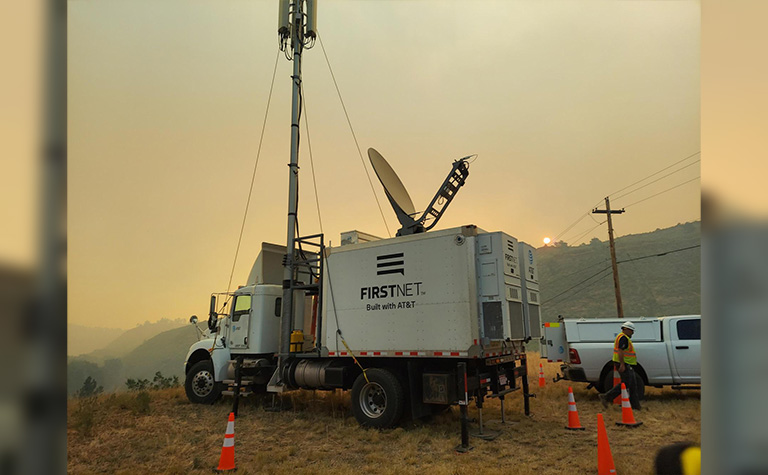 FirstNet Satellite Cell on Light Truck (SatCOLT) provides service in Loveland, CO to emergency services impacted by the Alexander Mountain Fire.