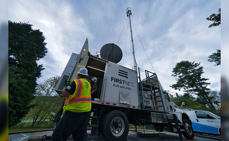 FirstNet Satellite Cell on Light Truck (SatCOLT) provides emergency communications in Asheville, NC.